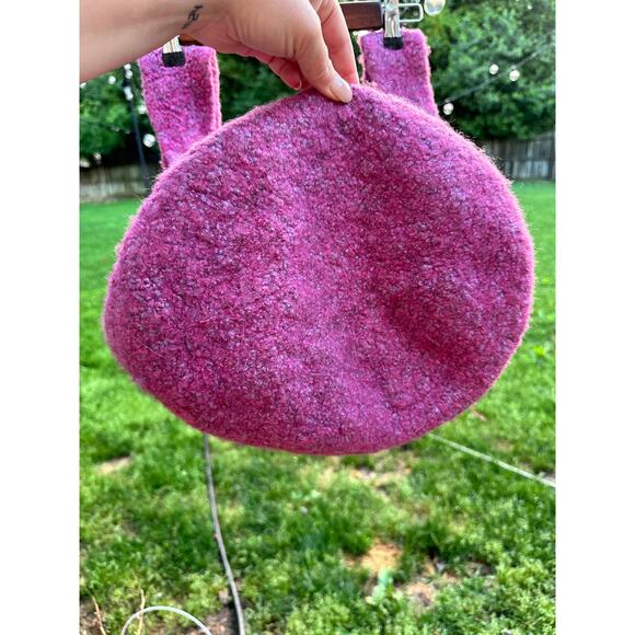 Handmade Felted Wool Knit Bucket Bag Pink Floral Embroidered Boho Purse Tote - Picture 9 of 9